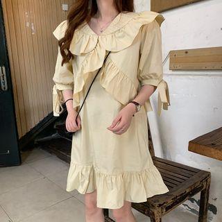 Ruffle Elbow-sleeve Shift Dress Beige - One Size