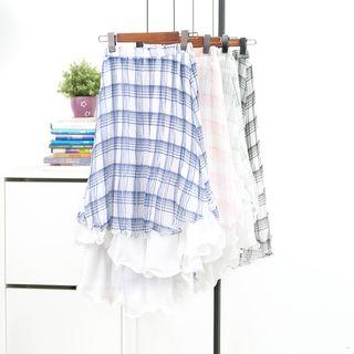 Gingham Print Chiffon Asymmetric Skirt