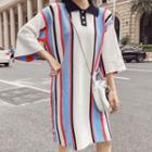3/4 Sleeve Striped Knitted Polo Dress As Shown In Figure - One Size