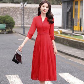 Elbow-sleeve Midi A-line Accordion Pleated Dress