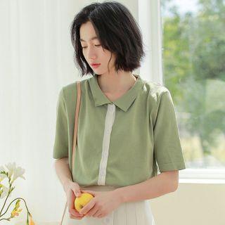 Short-sleeve Color-block Knit Top Green - One Size
