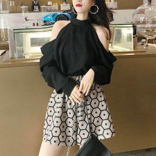 Halter Cold-shoulder Long-sleeve Top Black - One Size