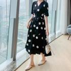Short-sleeve Dotted Button-up A-line Midi Dress