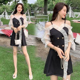 Mesh Panel Cold-shoulder Double-breasted Mini A-line Dress