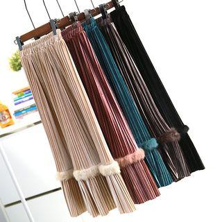 Faux-fur Detail Velvet Pleated Skirt