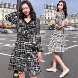 Long-sleeve V-neck Houndstooth Knit A-line Dress