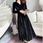 V-neck Long-sleeve Pleuche Midi A-line Dress