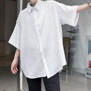 Elbow-sleeve Faux Pearl Embellished Shirt