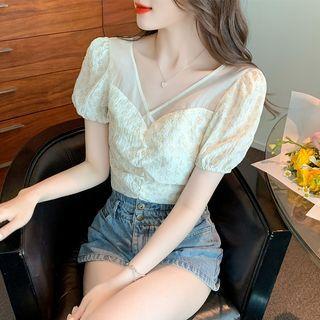 Puff Sleeve V-neck Mesh Panel Floral Crop Blouse