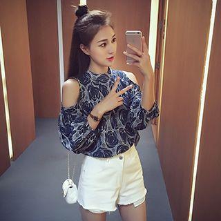 3/4-sleeve Shoulder Cut Out Print Top