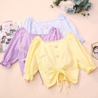 Plain Puff-sleeve Drawstring Cropped Blouse