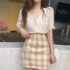 Balloon-sleeve Eyelet Lace Blouse / Plaid A-line Skirt