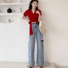 Short-sleeve Cropped Wrap T-shirt / Ripped Wide-leg Jeans