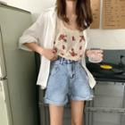 Flower Embroidered Sleeveless Top / Plain Loose-fit Shirt