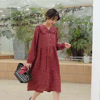 Long-sleeve Print Midi A-line Dress / V-neck Knit Vest / Set