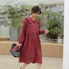 Long-sleeve Print Midi A-line Dress / V-neck Knit Vest / Set