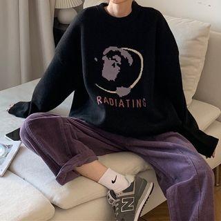 Lettering Sweater / Corduroy Straight-cut Pants