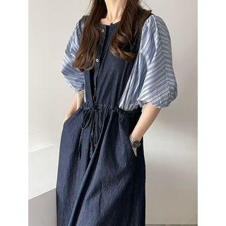 Puff-sleeve Striped Panel Denim Midi A-line Dress