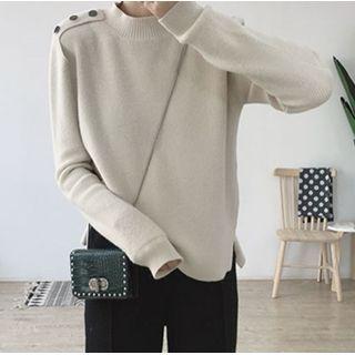 Buttoned Shoulder Mock-neck Knit Top
