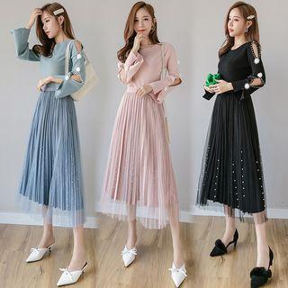 Faux Pearl Cut-out Flared-sleeve Knit Top / Mesh Midi A-line Skirt / Set