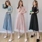 Faux Pearl Cut-out Flared-sleeve Knit Top / Mesh Midi A-line Skirt / Set