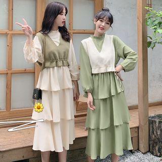 Long-sleeve A-line Midi Tiered Dress / Cropped Vest