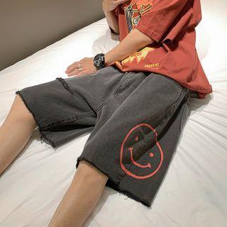 Smiley Face Print Denim Straight Leg Shorts