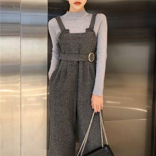 Long-sleeve Mock Neck Top / Striped Jumper Pants