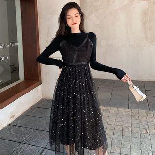 Knit Top / Spaghetti-strap Midi Mesh Dress / Set