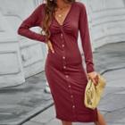 Long-sleeve V-neck Ruched Knit A-line Midi Dress