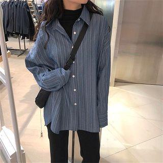 Striped Single-breasted Long-sleeve Blouse / Plain High-waist Pants