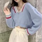 Striped V-neck Cropped Zip Jacket