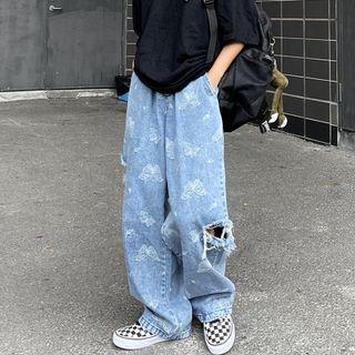 Distressed Butterfly Pattern Wide Leg Jeans
