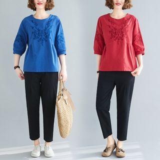 Set: Elbow-sleeve Embroidered Blouse + Plain Harem Pants