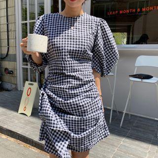 Gingham Puff-sleeve Ruffled Mini Sheath Dress
