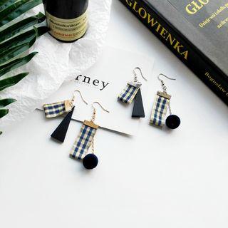 Plaid Fabric Geometric Wood Dangle Earring