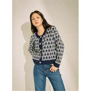 Round-neck Patterned Cardigan Navy Blue - One Size