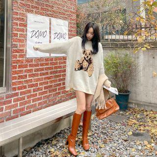 Bear-printed Oversized Sweater Ivory - One Size