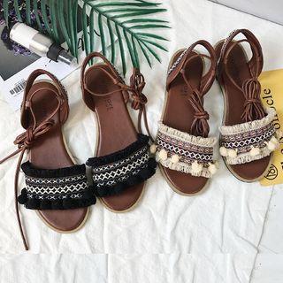 Fringed Patterned Flat Sandals
