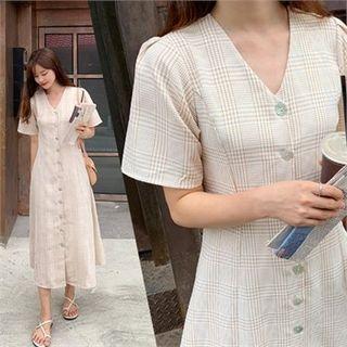 V-neck Checked A-line Shirtdress