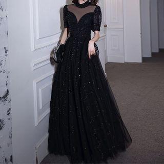 Stand Collar Short Sleeve Mesh Panel Sequined A-line Evening Gown
