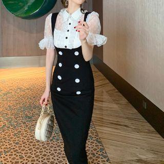 Mock Two-piece Short-sleeve Lace Buttoned Midi Bodycon Dress