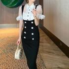 Mock Two-piece Short-sleeve Lace Buttoned Midi Bodycon Dress