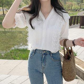 Elbow-sleeve Lace Paneled Top