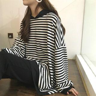 Striped Loose-fit Batwing-sleeve Hooded Pullover