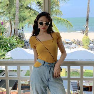 Square-neck Short-sleeve Ribbed Knit Top