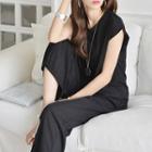 Set: Cap-sleeve Textured Top + Drawstring Pants