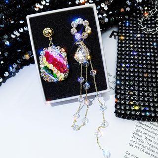 Non-matching Faux Crystal Dangle Earring 1 Pair - Asymmetry Rainbow Crystal Tassel - One Size