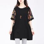 Elbow-sleeve Print Panel Mini T-shirt Dress Black - One Size