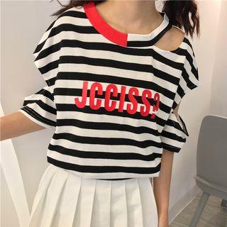 Lettering Striped Cut Out Detail Elbow Sleeve T-shirt
